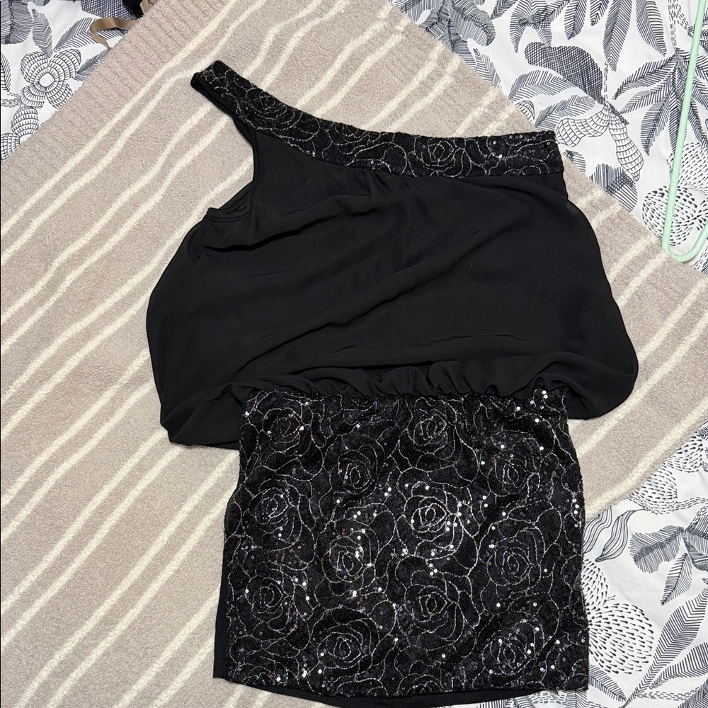Windsor Black One-Shoulder Sequin Rose Mini Dress